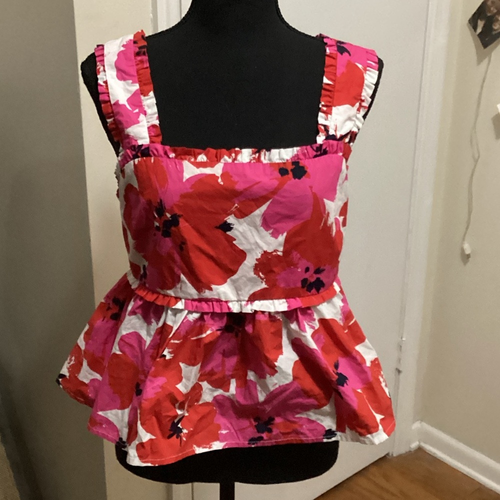 Mi Ami Pink and Red Floral Blouse tie back with bow